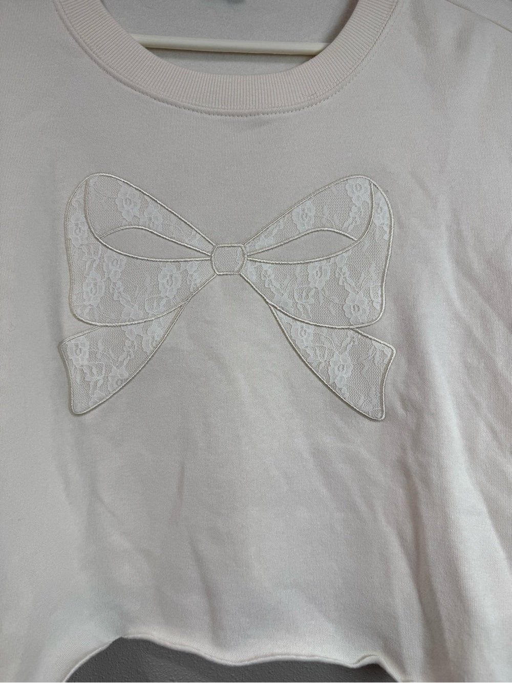 Women's Cream Cropped Sweatshirt with Bow Lace Detail - Picture 4 of 7